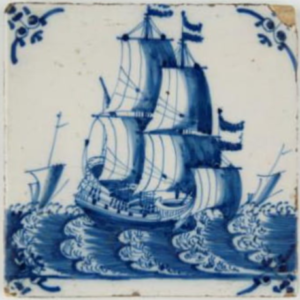 Fliza z przedstawieniem okrętu, ok. 1690, Rotterdam, Republika Zjednoczonych Prowincji, fajans malowany kobaltem